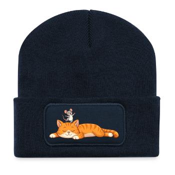 Schlafende Katze mit fröhlicher Maus  - Recycelte Patch Beanie - French Navy - Vorne