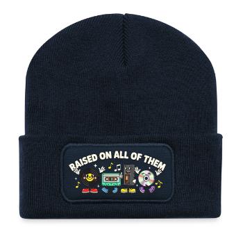 Aufgewachsen mit all dem: Retro Tech Mashup - Recycelte Patch Beanie - French Navy - Vorne