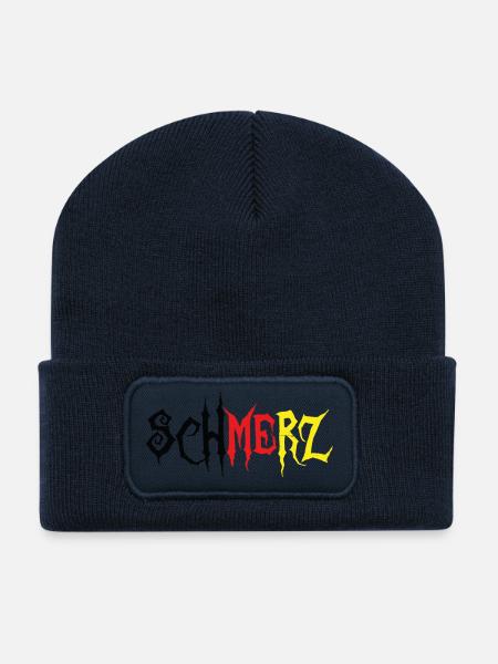 Schmerz – Grunge Schriftzug Schwarz Rot Gold - Recycelte Patch Beanie - French Navy