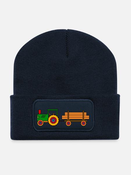 Grüner Traktor mit Holzanhänger - Recycelte Patch Beanie - French Navy