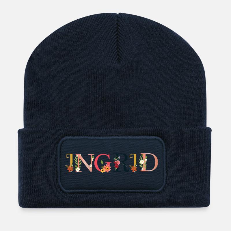 INGRID Name mit Blumen geschmückt - Recycelte Patch Beanie - French Navy
