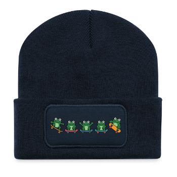 Row of Skateboarding Frogs - Recycled Patch Beanie - french navy - Front