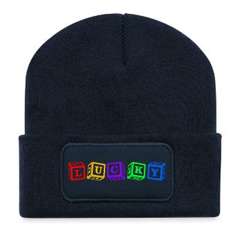 Lucky – Conception colorée de lettres en cube 3D - Beanie recyclé à patch - bleu marine - Devant