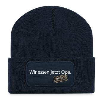 Wir essen jetzt Opa Satzzeichen Komma Leben retten - Recycelte Patch Beanie - French Navy - Vorne