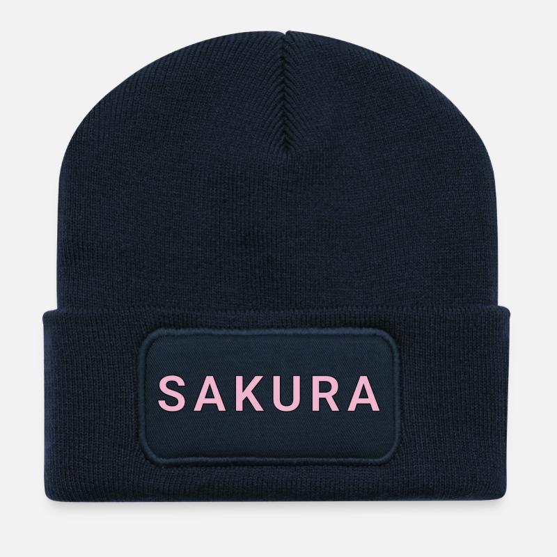 Sakura Pink Font on Black - Recycled Patch Beanie - french navy