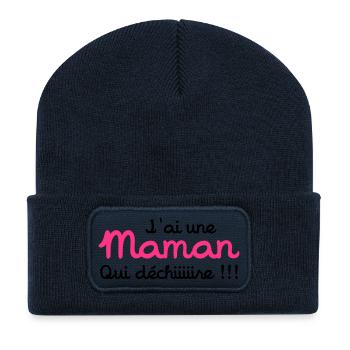 J'ai une Maman qui déchiiire ! - Beanie recyclé à patch - bleu marine - Devant