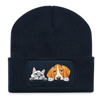 Peeking_Siamese_cat_and_Foxhound_dog - Beanie recyclé à patch - bleu marine - Devant