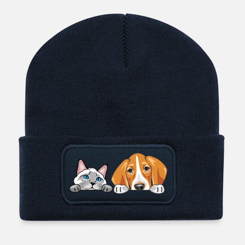 Peeking_Siamese_cat_and_Foxhound_dog - Beanie recyclé à patch - bleu marine