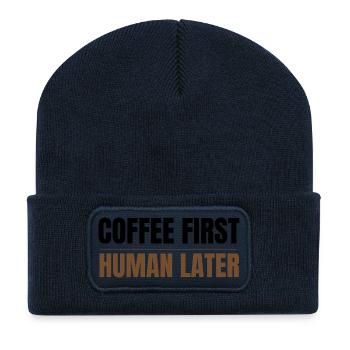 Coffee First Human Später Funny Coffee Lover Design - Recycelte Patch Beanie - French Navy - Vorne