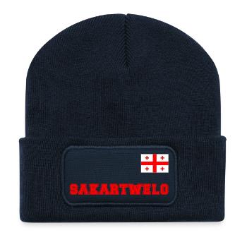 Georgien Trikot Look – SAKARTWELO mit Fahne Flagge - Recycelte Patch Beanie - French Navy - Vorne