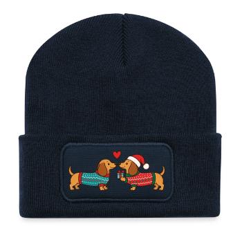 Dackel verliebt in Weihnachtspullovern - Recycelte Patch Beanie - French Navy - Vorne