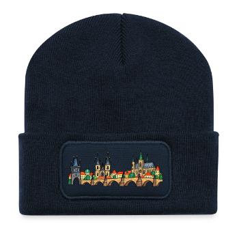 Prag als bunte Kinderzeichnung auf der Brücke - Recycelte Patch Beanie - French Navy - Vorne