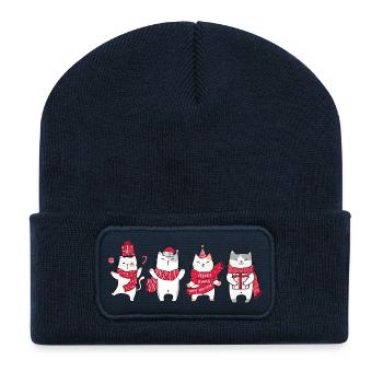 Chat à Noël - Beanie recyclé à patch - bleu marine - Devant