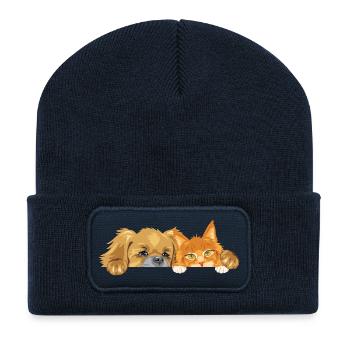 Pekingese dog and Ginger Maine Coon cat - Recycled Patch Beanie - french navy - Front