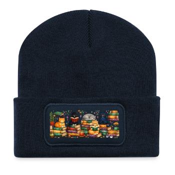 Reading cats with stacks of books - Recycled Patch Beanie - french navy - Front