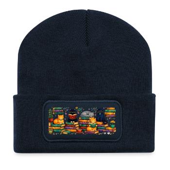 Reading cats with stacks of books - Recycled Patch Beanie - french navy - Front