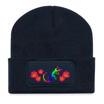 Gecko lézard, hibiscus, rainbow, summer, été, surf - Beanie recyclé à patch - bleu marine - Devant