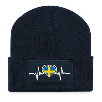 Drapeau de la Suède Coeur Heartbeat Design - Beanie recyclé à patch - bleu marine - Devant