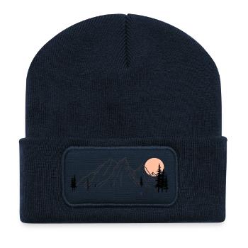 Illustration de la chaîne de montagnes du lever du soleil - Beanie recyclé à patch - bleu marine - Devant