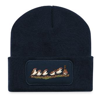 Sparrows on a branch nature illustration - Recycled Patch Beanie - french navy - Front