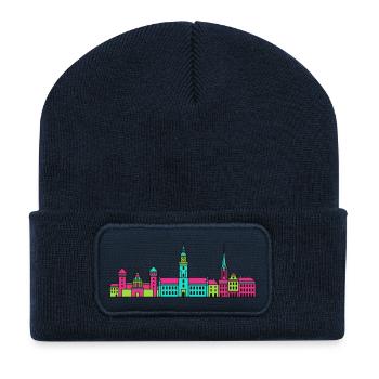 Silhouette de la ville de Poznań Art des chèvres - Beanie recyclé à patch - bleu marine - Devant