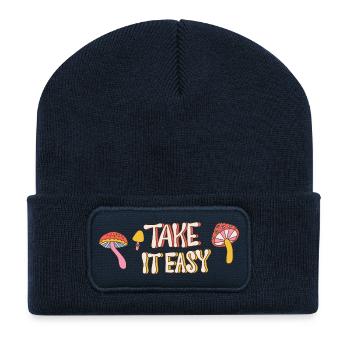 Take It Easy – Retro Mushroom 70s Design - Recycelte Patch Beanie - French Navy - Vorne