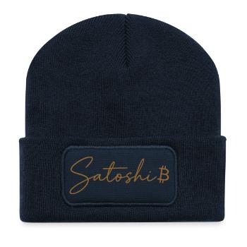 Satoshi Bitcoin Schriftzug Design Gold - Recycelte Patch Beanie - French Navy - Vorne