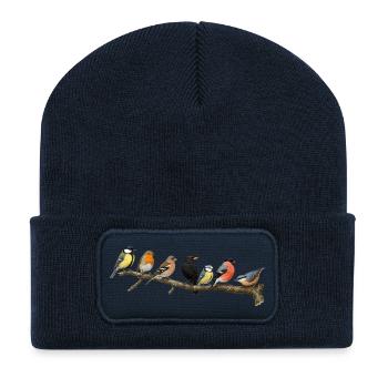 Heimische Singvögel auf Ast - Recycelte Patch Beanie - French Navy - Vorne