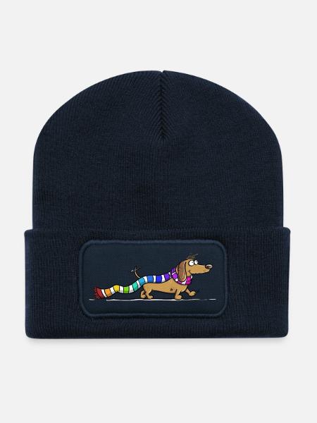 Dackel mit Regenbogen Schal Cartoon Dachshund Hund - Recycelte Patch Beanie - French Navy