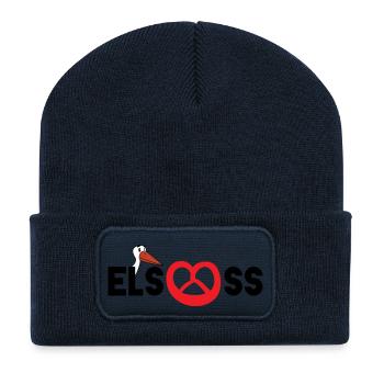 Alsace : cigogne & bretzel - Beanie recyclé à patch - bleu marine - Devant