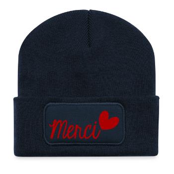 MERCI. THANKS. THANK YOU. ANNIVERSAIRE. NAISSANCE. - Beanie recyclé à patch - bleu marine - Devant