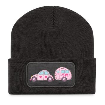 Auto mit Wohnwagen Rosa Herz - Recycelte Patch Beanie - Dunkelgrau - Vorne