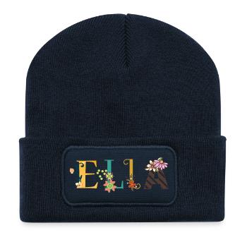 ELLA Namenskunst mit gestickten Blumen - Recycelte Patch Beanie - French Navy - Vorne