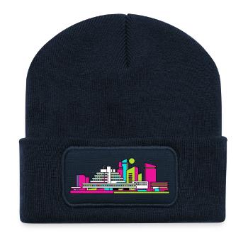 Ligne moderne de la silhouette de la ville de Cumbernauld - Beanie recyclé à patch - bleu marine - Devant