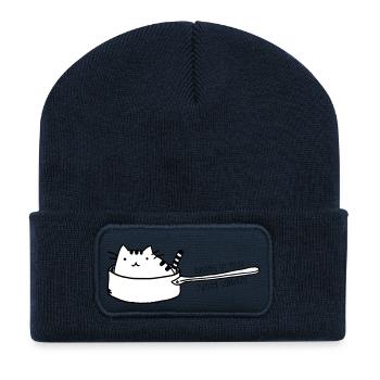 Cat in pan - hungry - Recycled Patch Beanie - french navy - Front