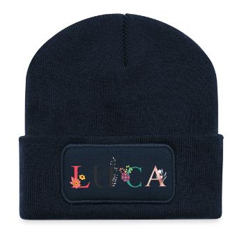 LUCA Namenskunst mit gestickten Blumen - Recycelte Patch Beanie - French Navy - Vorne