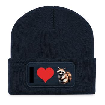 J’aime les ratons laveurs - Autocollant pour animal mignon - Beanie recyclé à patch - bleu marine - Devant