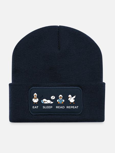Eat Sleep Read Repeat – Funny Bookworm Geese - Recycled Patch Beanie - french navy