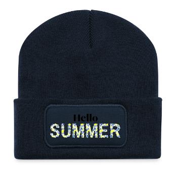 Sommerblüten Schriftzug hello summer - Recycelte Patch Beanie - French Navy - Vorne