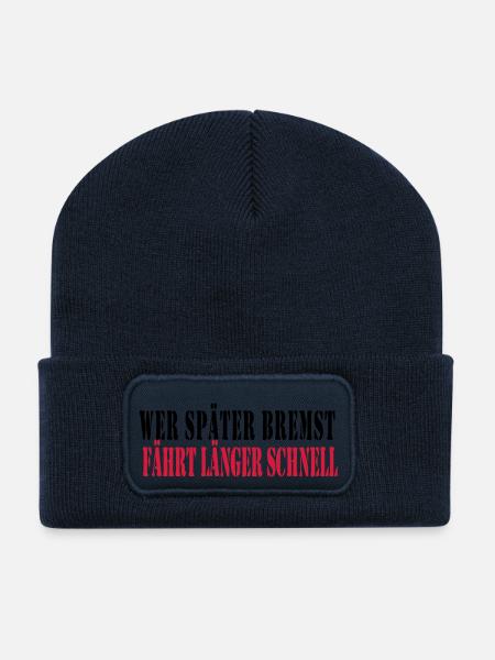 wer_spaeter_bremst_faehr - Beanie recyclé à patch - bleu marine