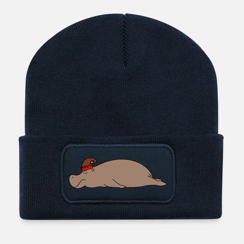 Schlafendes faules Nilpferd Weihnachtselfenhut lustiges Tier - Recycelte Patch Beanie - French Navy