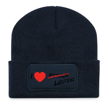 Leipzig / Dresde / Saxe / Berlin / cadeaux - Beanie recyclé à patch - bleu marine - Devant