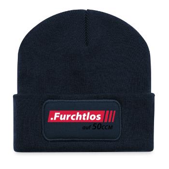 Furchtlos auf 50ccm Stolzer Mofa- und Mopedfahrer - Recycelte Patch Beanie - French Navy - Vorne