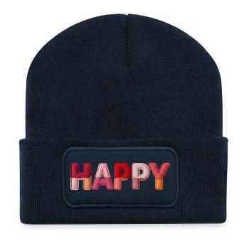 Happy Stoff Optik Typografie Trend - Recycelte Patch Beanie - French Navy - Vorne