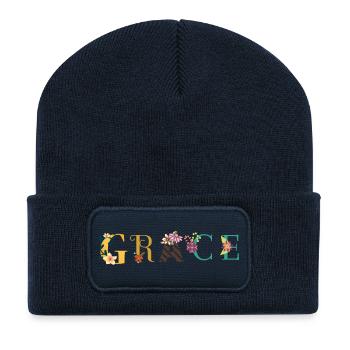 GRACE Namenskunst mit gestickten Blumen - Recycelte Patch Beanie - French Navy - Vorne