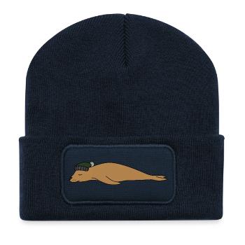 Un petit croquis simple d’animal avec un chapeau de phoque dormant - Beanie recyclé à patch - bleu marine - Devant