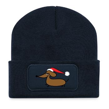 Teckel avec Bonnet de Noel - Beanie recyclé à patch - bleu marine - Devant