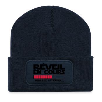 réveil (en cours),message,humour - Beanie recyclé à patch - bleu marine - Devant
