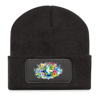 Die Erde umgeben von Blumen, Aquarell, Outlined - Recycelte Patch Beanie - Dunkelgrau - Vorne