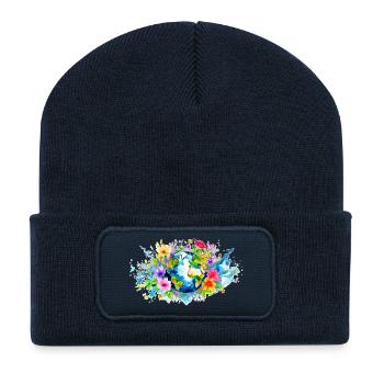 Earth surrounded by Flowers, Outlined, Aquarell - Recycled Patch Beanie - french navy - Front